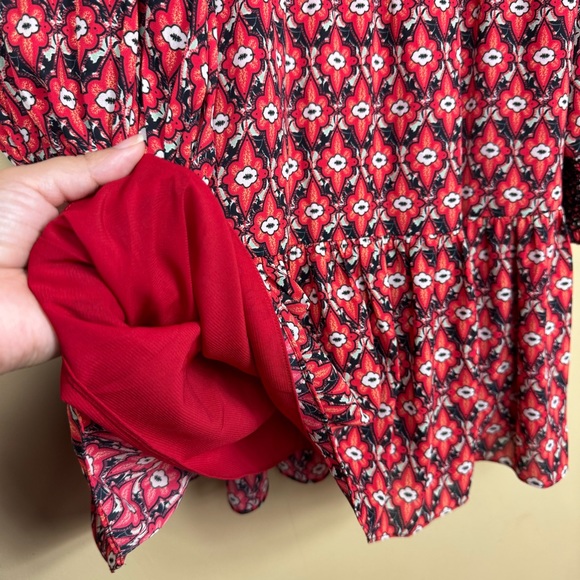 Alice + Olivia Elvira Tiered Long Sleeve Smocked Mini Dress in Red/Black Size 4 - Picture 9 of 16